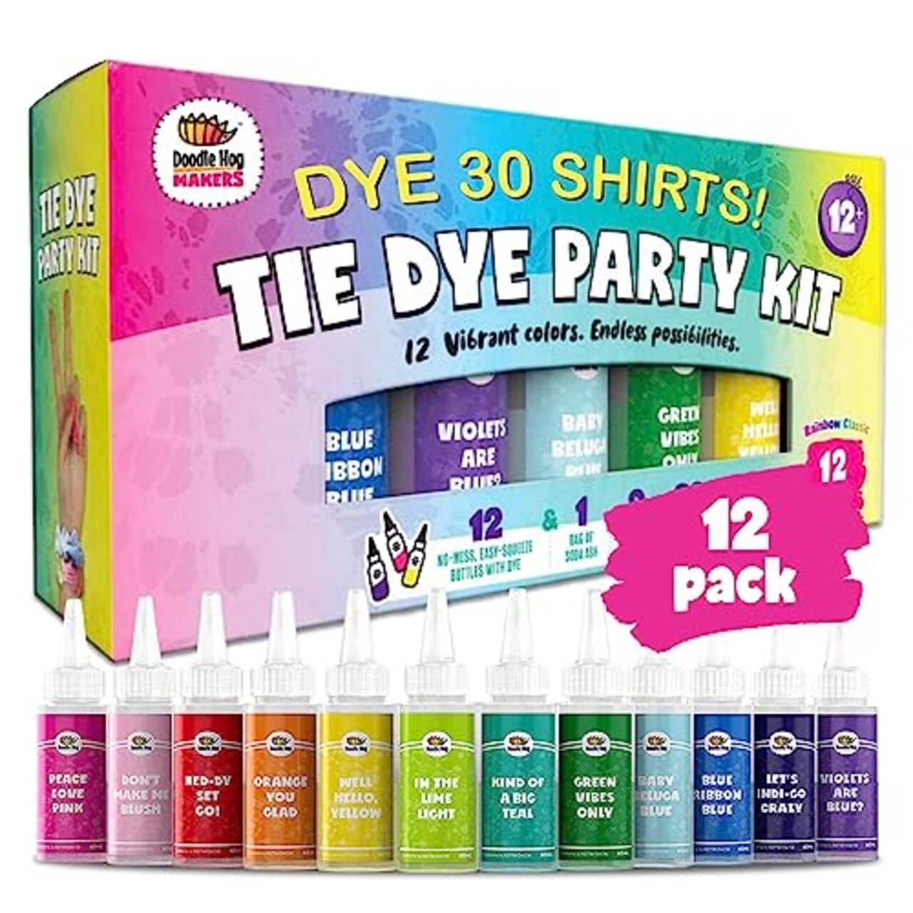 Tie Dye Kit for Kids & Adults - 12 Large Tye Dye Bottles with Tie Dye Powder, Soda Ash, Gloves - Non-Toxic Tyedyedye Kit - Decorating Dye for Clothes